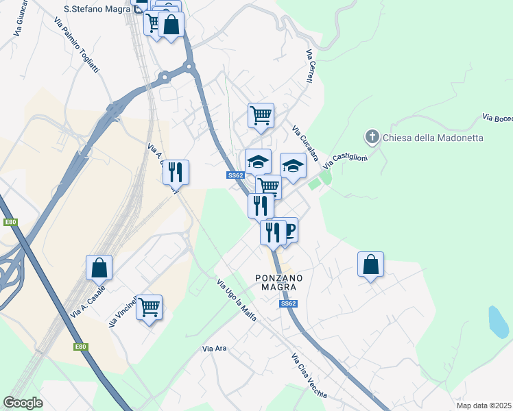 map of restaurants, bars, coffee shops, grocery stores, and more near 290 Strada Regionale 62 in Santo Stefano di Magra