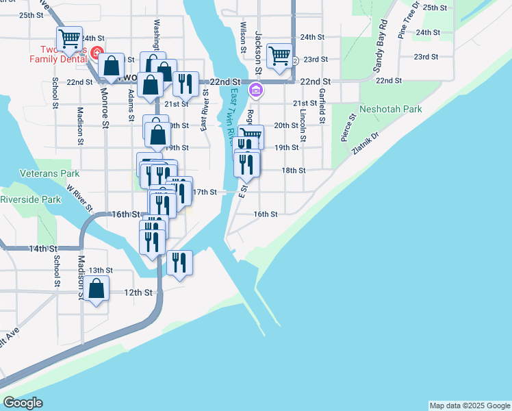map of restaurants, bars, coffee shops, grocery stores, and more near 1106 16th Street in Two Rivers