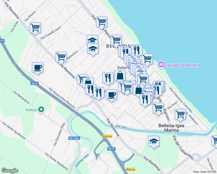 map of restaurants, bars, coffee shops, grocery stores, and more near 44 Via Roma in Bellaria-Igea Marina