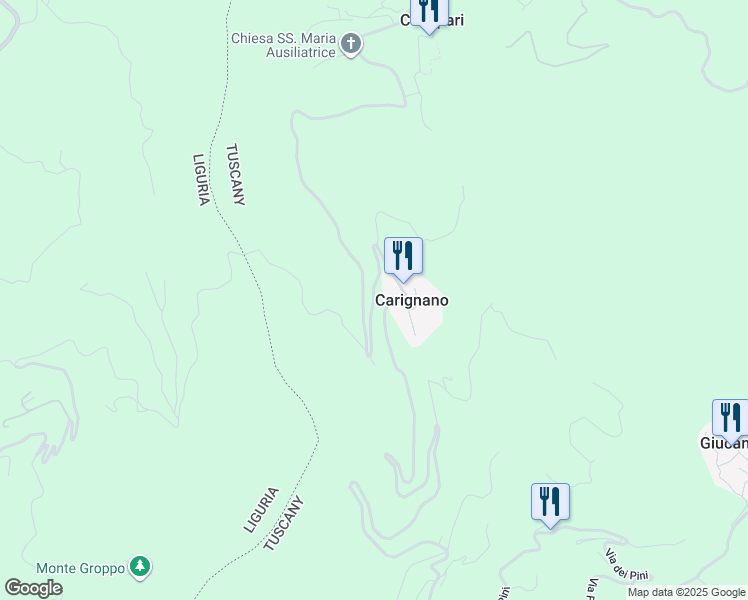 map of restaurants, bars, coffee shops, grocery stores, and more near 70 Via Carignano in Carignano