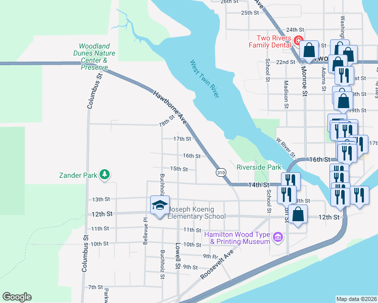 map of restaurants, bars, coffee shops, grocery stores, and more near 2422 16th Street in Two Rivers