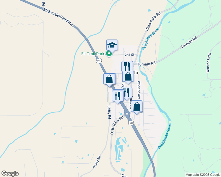 map of restaurants, bars, coffee shops, grocery stores, and more near 64670 Strickler Avenue in Bend