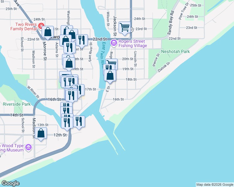 map of restaurants, bars, coffee shops, grocery stores, and more near 1106 16th Street in Two Rivers