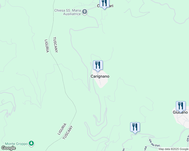 map of restaurants, bars, coffee shops, grocery stores, and more near 70 Via Carignano in Carignano