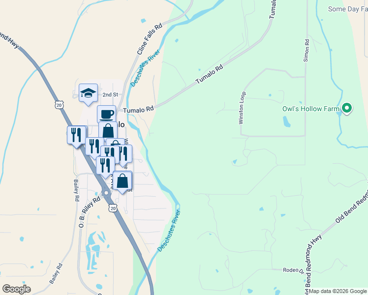 map of restaurants, bars, coffee shops, grocery stores, and more near 19975 Tumalo Road in Bend