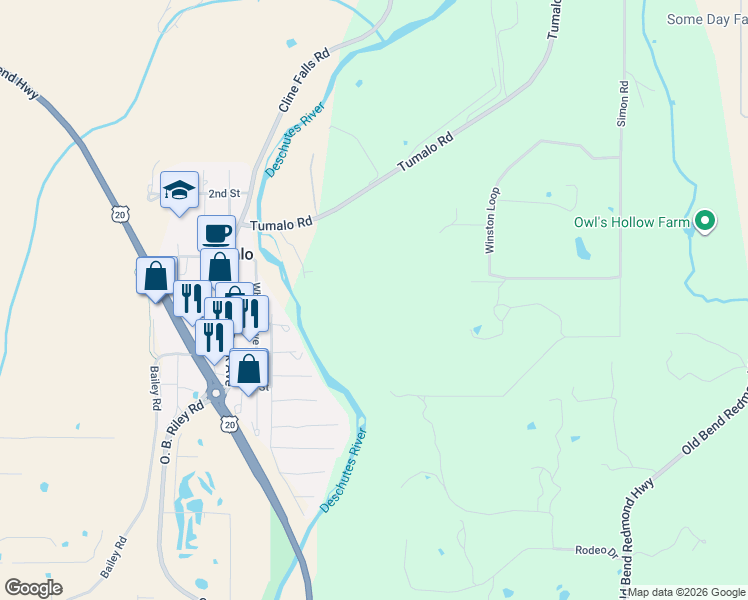 map of restaurants, bars, coffee shops, grocery stores, and more near 19975 Tumalo Road in Bend