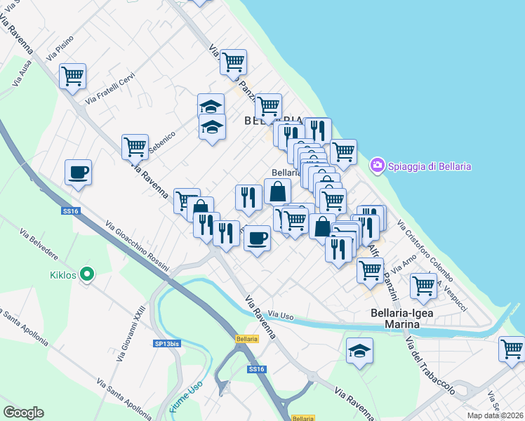 map of restaurants, bars, coffee shops, grocery stores, and more near 44 Via Roma in Igea Marina