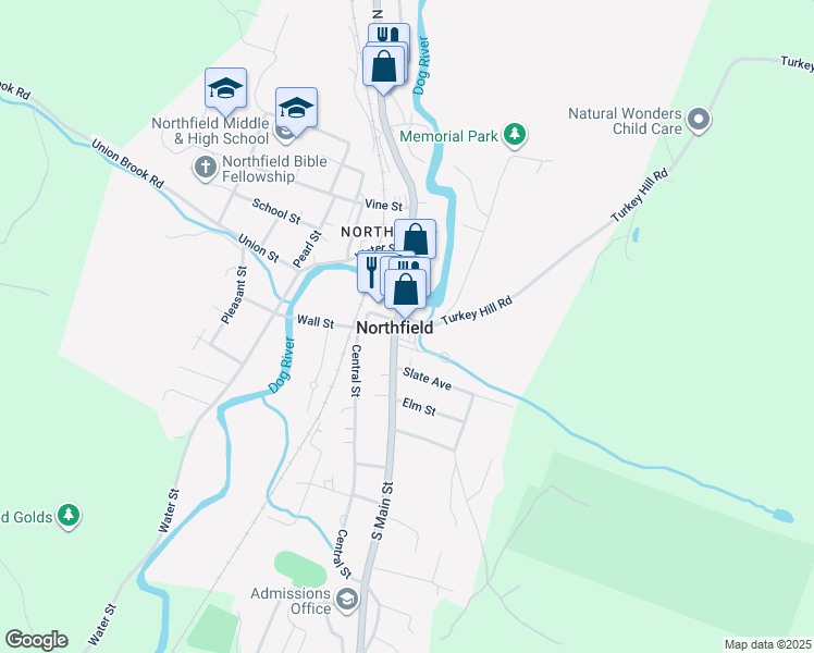 map of restaurants, bars, coffee shops, grocery stores, and more near 51 South Main Street in Northfield