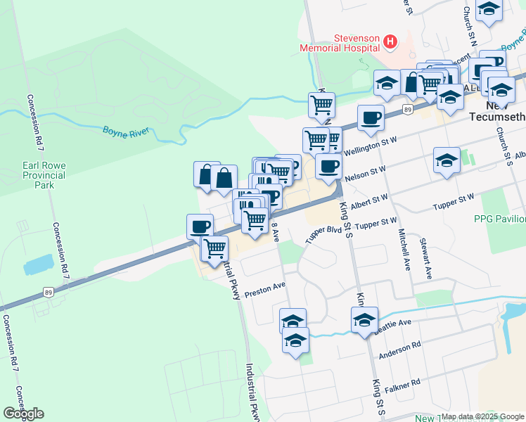 map of restaurants, bars, coffee shops, grocery stores, and more near 36 Young Street in New Tecumseth