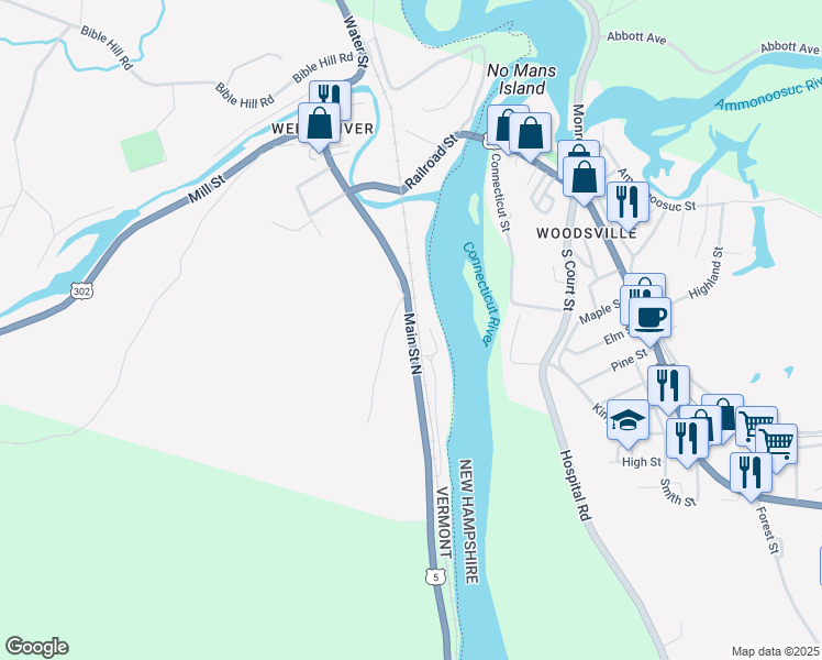 map of restaurants, bars, coffee shops, grocery stores, and more near Main Street in Newbury