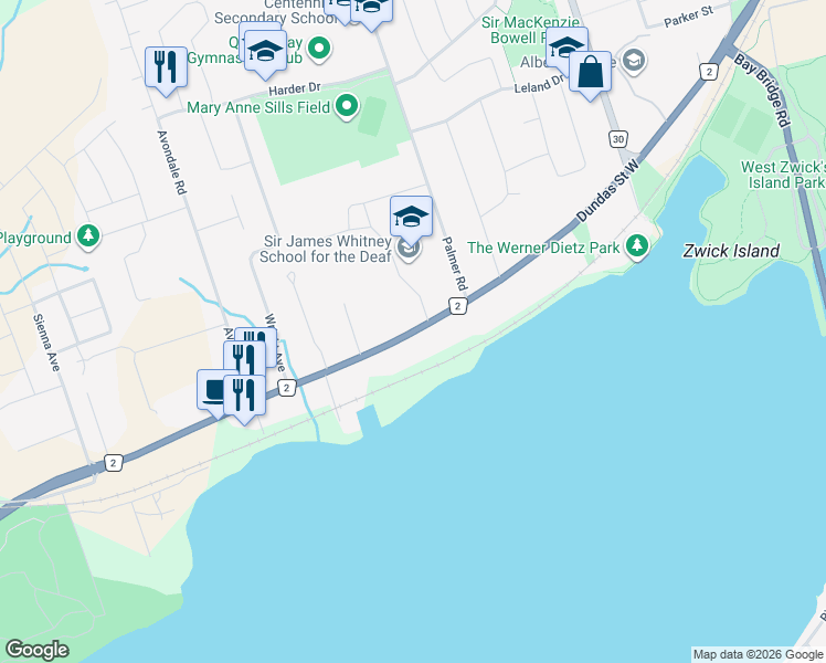 map of restaurants, bars, coffee shops, grocery stores, and more near Dundas Street West in Belleville