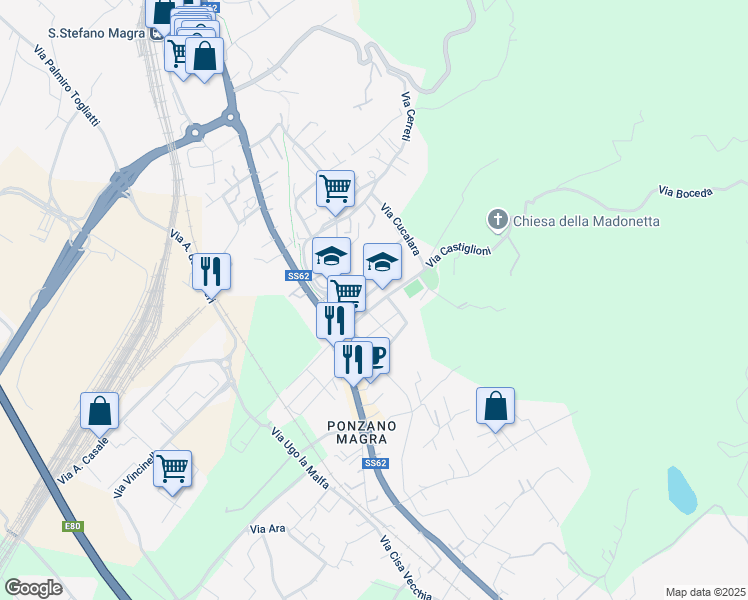 map of restaurants, bars, coffee shops, grocery stores, and more near 5 Via Torino in Santo Stefano di Magra