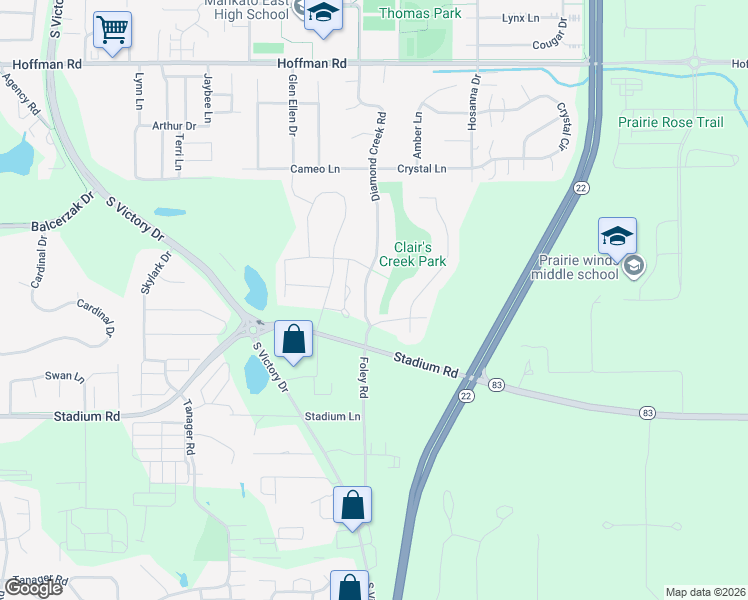 map of restaurants, bars, coffee shops, grocery stores, and more near 513 Diamond Creek Road in Mankato