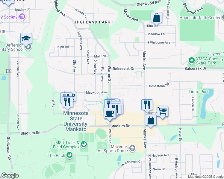 map of restaurants, bars, coffee shops, grocery stores, and more near 1340 Warren Street in Mankato