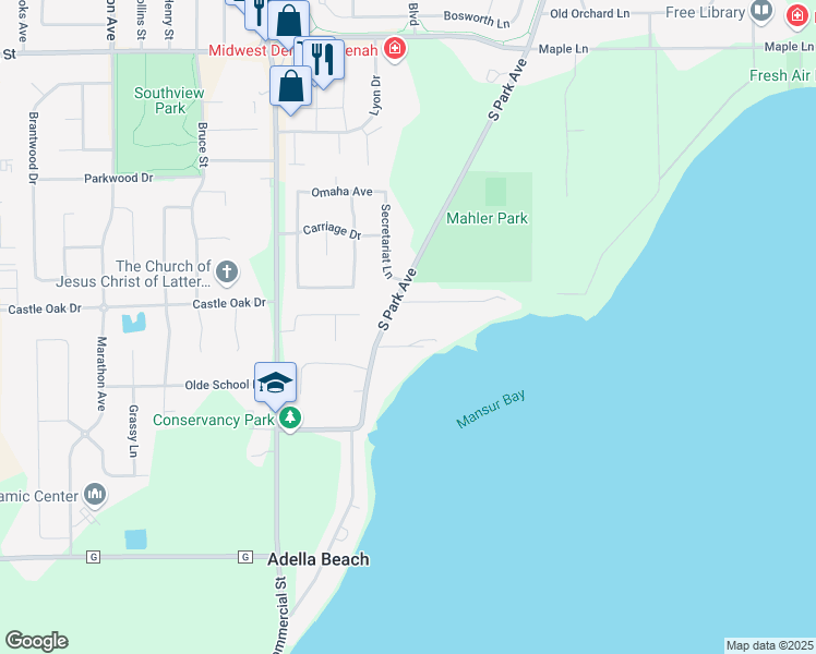 map of restaurants, bars, coffee shops, grocery stores, and more near 1610 South Park Avenue in Neenah