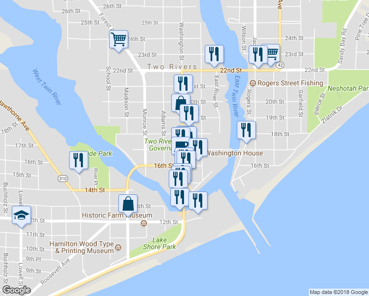 map of restaurants, bars, coffee shops, grocery stores, and more near 1717 Park Street in Two Rivers