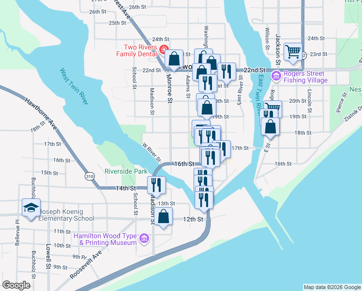 map of restaurants, bars, coffee shops, grocery stores, and more near 1617 18th Street in Two Rivers