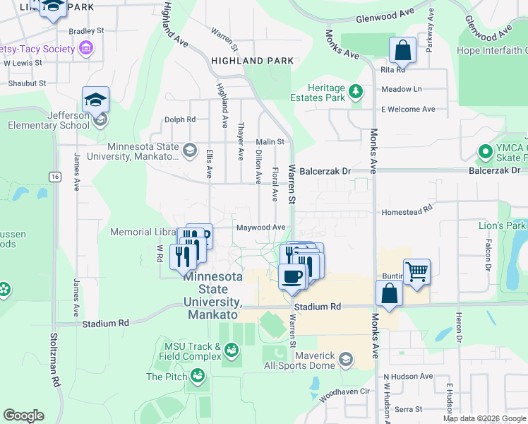 map of restaurants, bars, coffee shops, grocery stores, and more near 314 Dillon Avenue in Mankato