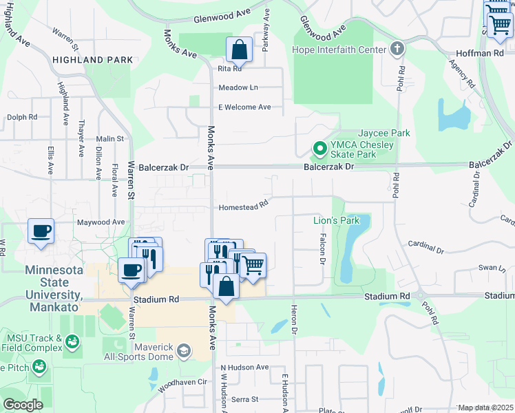 map of restaurants, bars, coffee shops, grocery stores, and more near 160 Homestead Road in Mankato