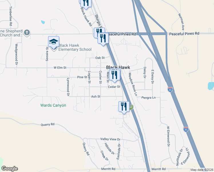 map of restaurants, bars, coffee shops, grocery stores, and more near 5406 Cedar Street in Black Hawk
