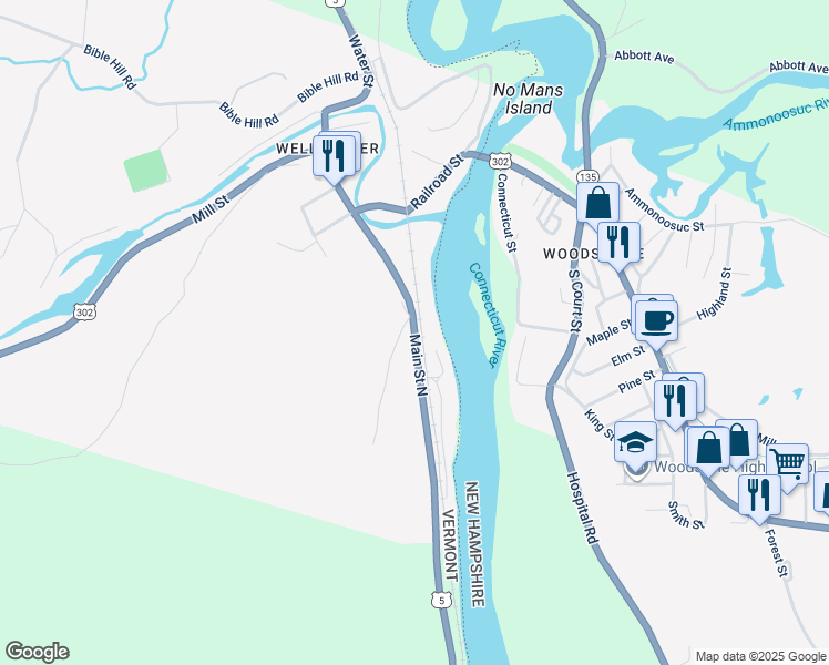 map of restaurants, bars, coffee shops, grocery stores, and more near Main Street in Newbury