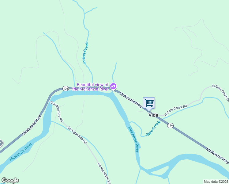 map of restaurants, bars, coffee shops, grocery stores, and more near McKenzie Highway in Vida