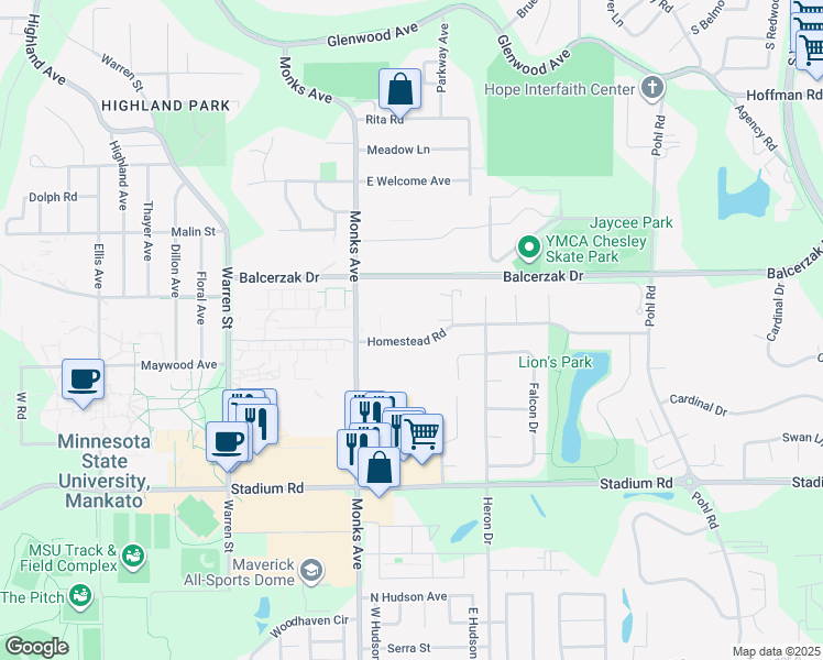 map of restaurants, bars, coffee shops, grocery stores, and more near 150 Homestead Road in Mankato