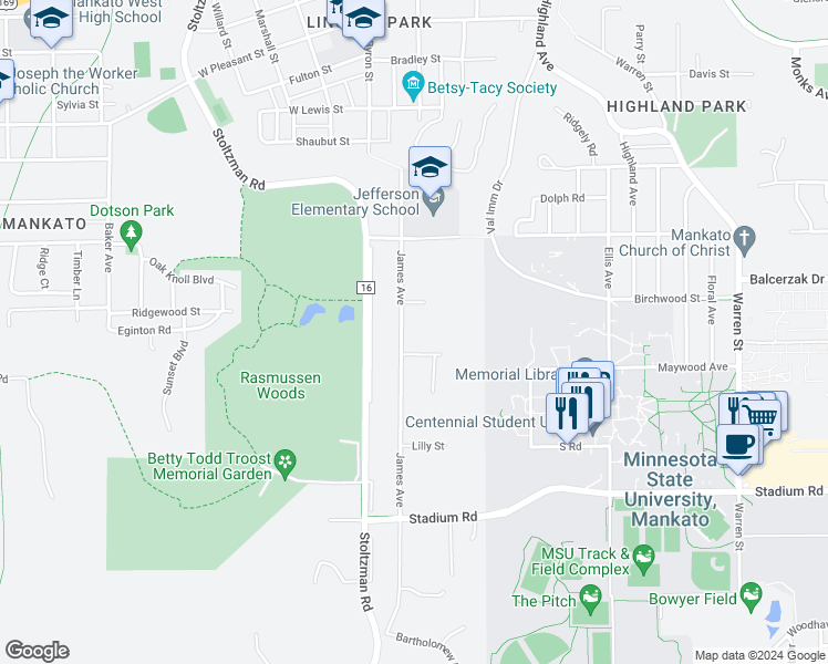 map of restaurants, bars, coffee shops, grocery stores, and more near 324 James Avenue in Mankato