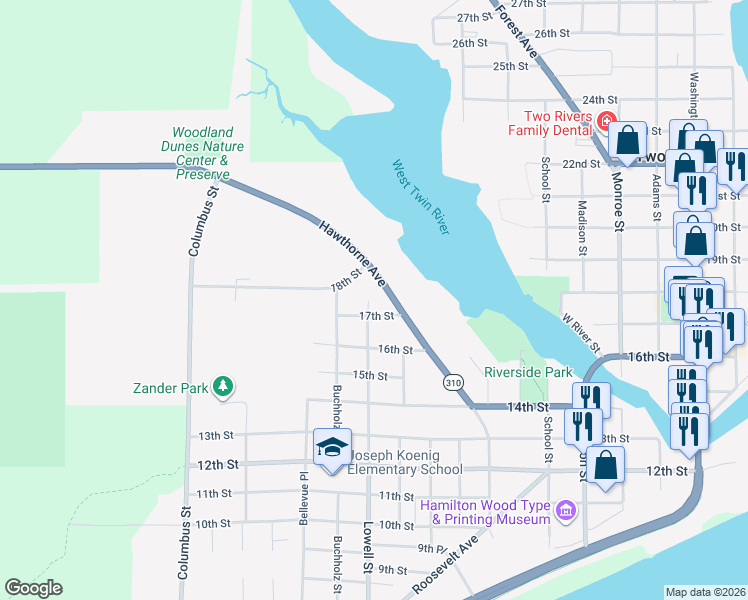 map of restaurants, bars, coffee shops, grocery stores, and more near 1705 Lowell Street in Two Rivers