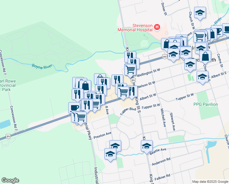 map of restaurants, bars, coffee shops, grocery stores, and more near 36 Young Street in New Tecumseth