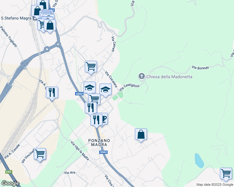 map of restaurants, bars, coffee shops, grocery stores, and more near 40 Via Castiglioni in Santo Stefano di Magra
