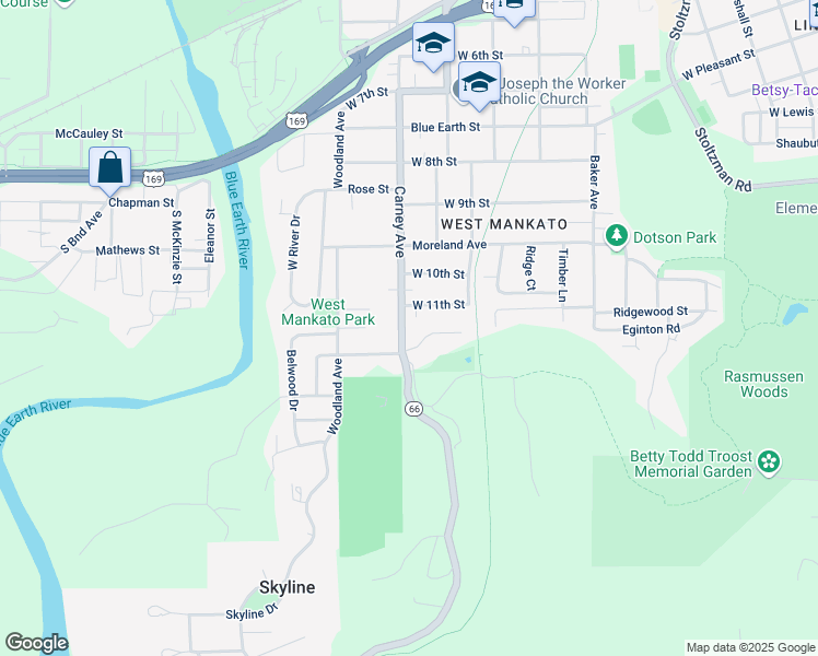 map of restaurants, bars, coffee shops, grocery stores, and more near 1419 Carney Avenue in Mankato
