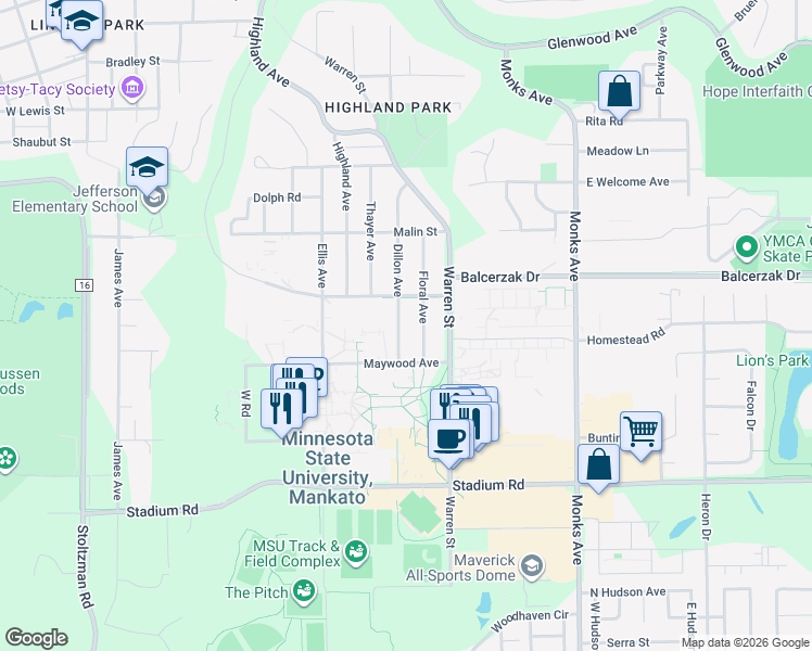 map of restaurants, bars, coffee shops, grocery stores, and more near 314 Dillon Avenue in Mankato