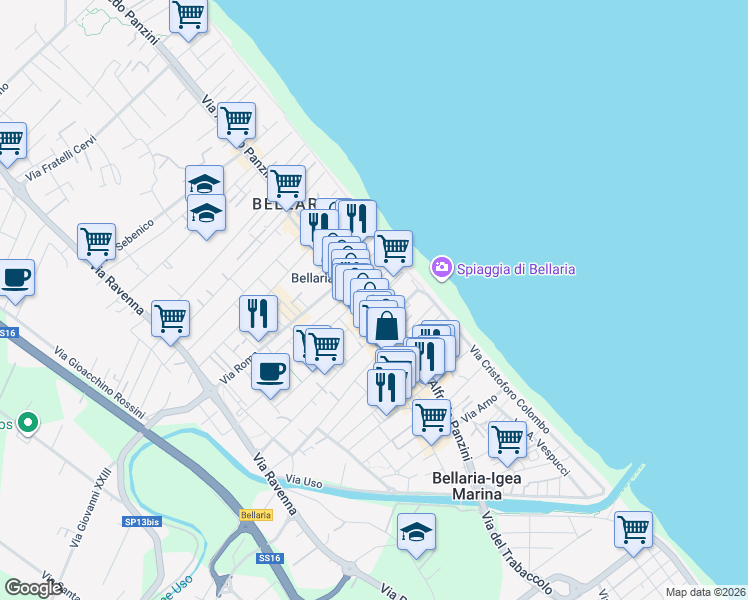 map of restaurants, bars, coffee shops, grocery stores, and more near 5 Piazzale Antonio Gramsci in Bellaria