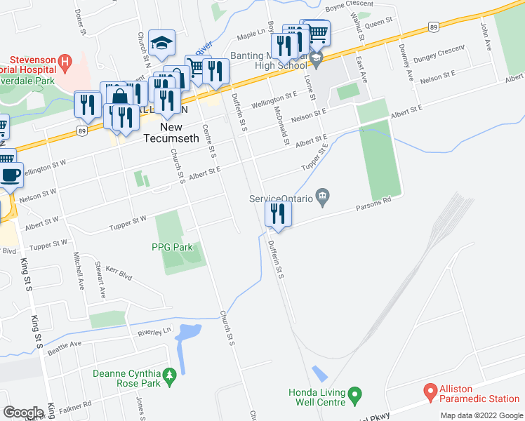 map of restaurants, bars, coffee shops, grocery stores, and more near Dufferin Street South in New Tecumseth