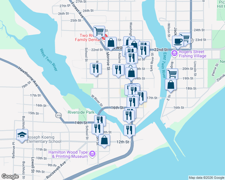 map of restaurants, bars, coffee shops, grocery stores, and more near 1617 18th Street in Two Rivers