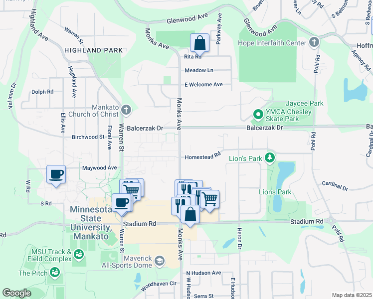 map of restaurants, bars, coffee shops, grocery stores, and more near 100 Homestead Road in Mankato