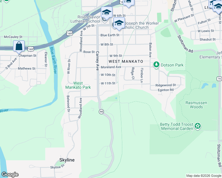 map of restaurants, bars, coffee shops, grocery stores, and more near 32 Southview Drive in Mankato