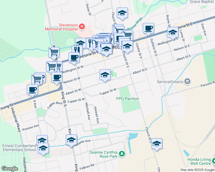 map of restaurants, bars, coffee shops, grocery stores, and more near 102 Paris Street in New Tecumseth