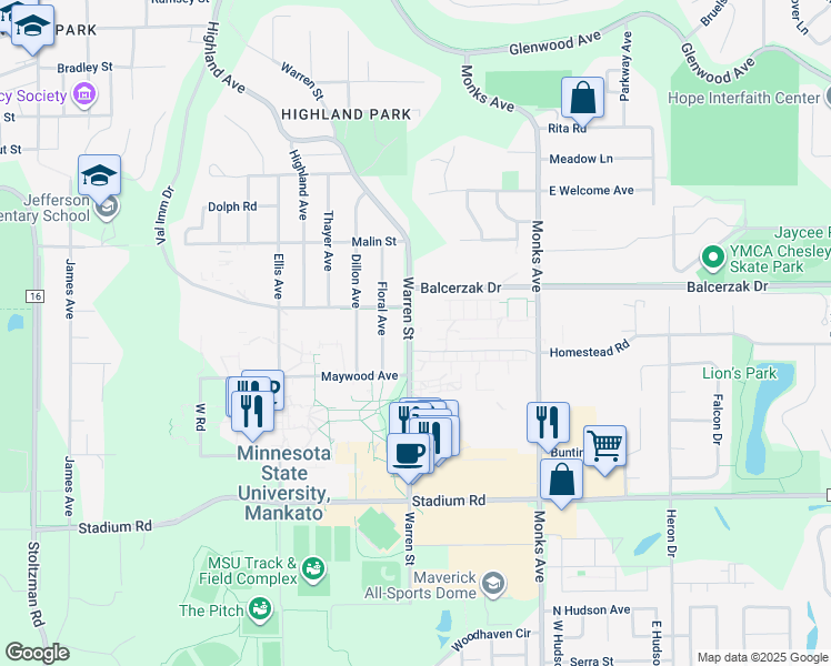 map of restaurants, bars, coffee shops, grocery stores, and more near 1315 Warren Street in Mankato