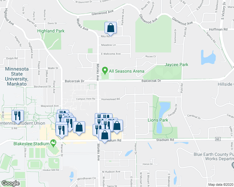 map of restaurants, bars, coffee shops, grocery stores, and more near 160 Homestead Road in Mankato