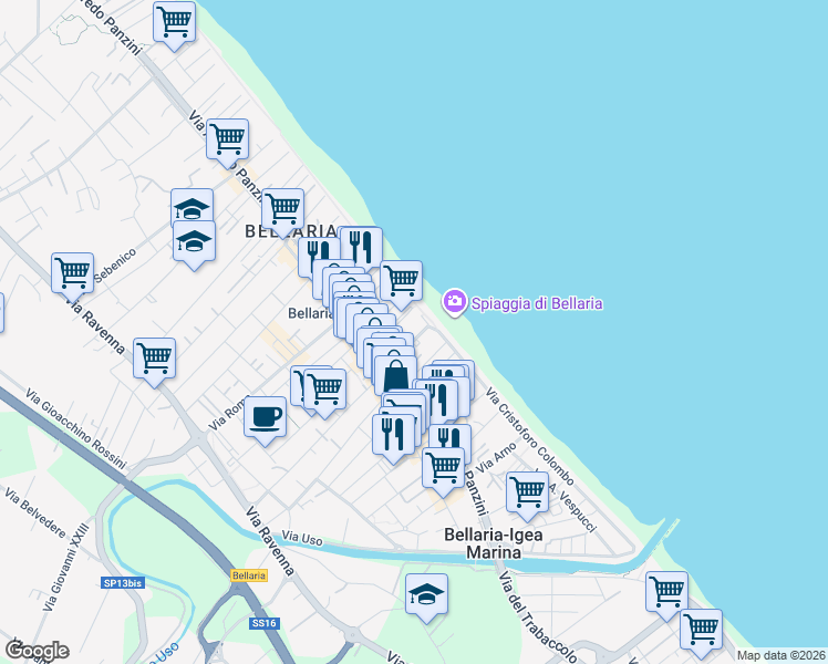 map of restaurants, bars, coffee shops, grocery stores, and more near 4 Viale G. Pascoli in Bellaria-Igea Marina