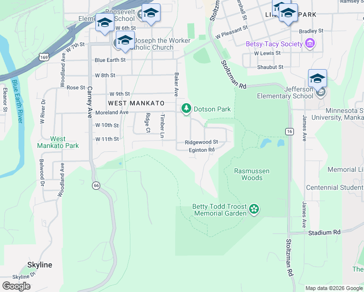 map of restaurants, bars, coffee shops, grocery stores, and more near 103 Ridgewood Street in Mankato