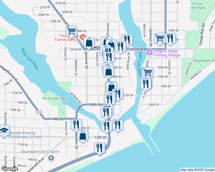 map of restaurants, bars, coffee shops, grocery stores, and more near 1516 18th Street in Two Rivers