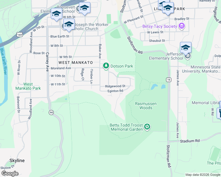 map of restaurants, bars, coffee shops, grocery stores, and more near 211 Ridgewood Street in Mankato