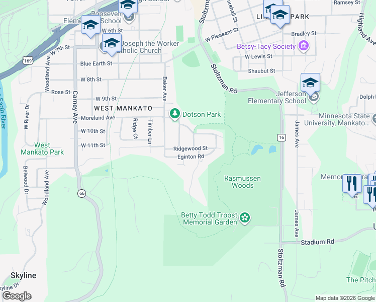 map of restaurants, bars, coffee shops, grocery stores, and more near 211 Ridgewood Street in Mankato