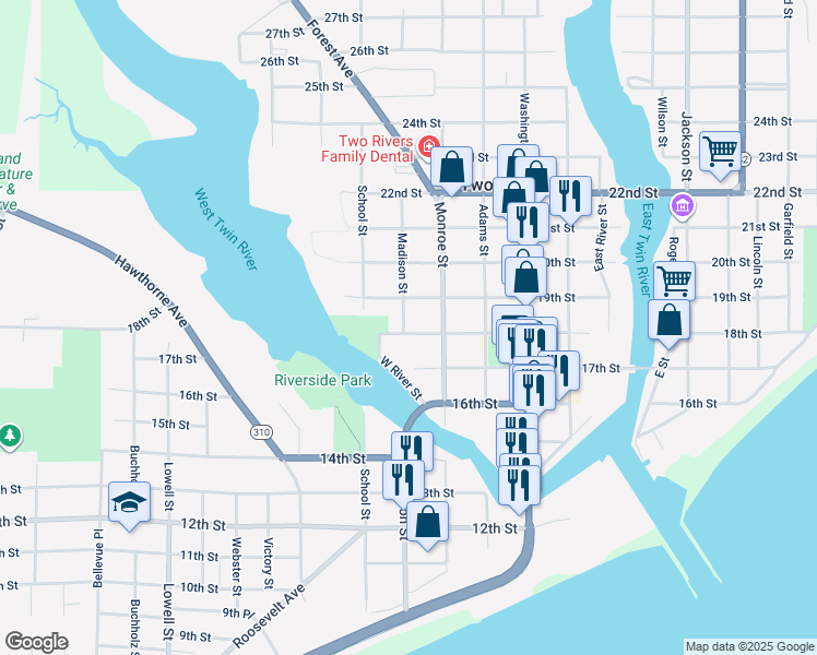 map of restaurants, bars, coffee shops, grocery stores, and more near 1722 18th Street in Two Rivers
