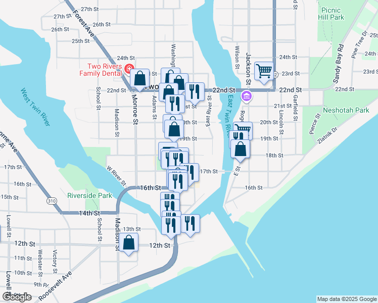 map of restaurants, bars, coffee shops, grocery stores, and more near 1800 Jefferson Street in Two Rivers