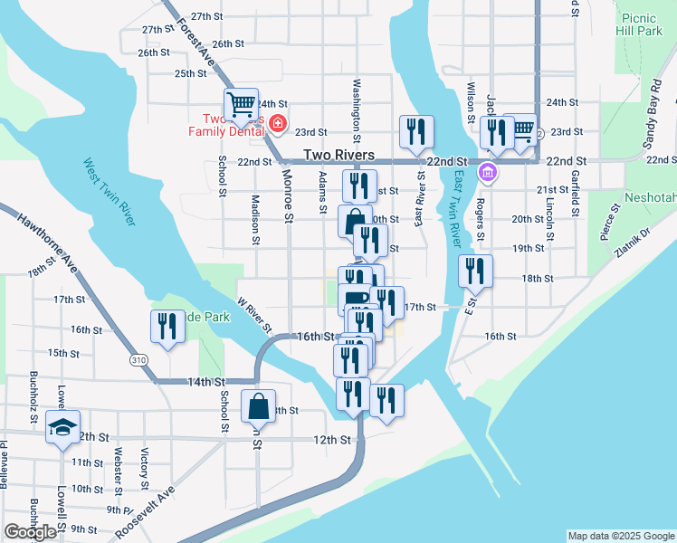 map of restaurants, bars, coffee shops, grocery stores, and more near 1516 18th Street in Two Rivers