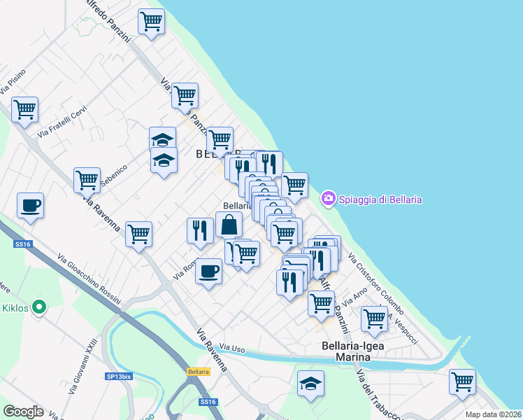 map of restaurants, bars, coffee shops, grocery stores, and more near 5 Piazzale Antonio Gramsci in Bellaria